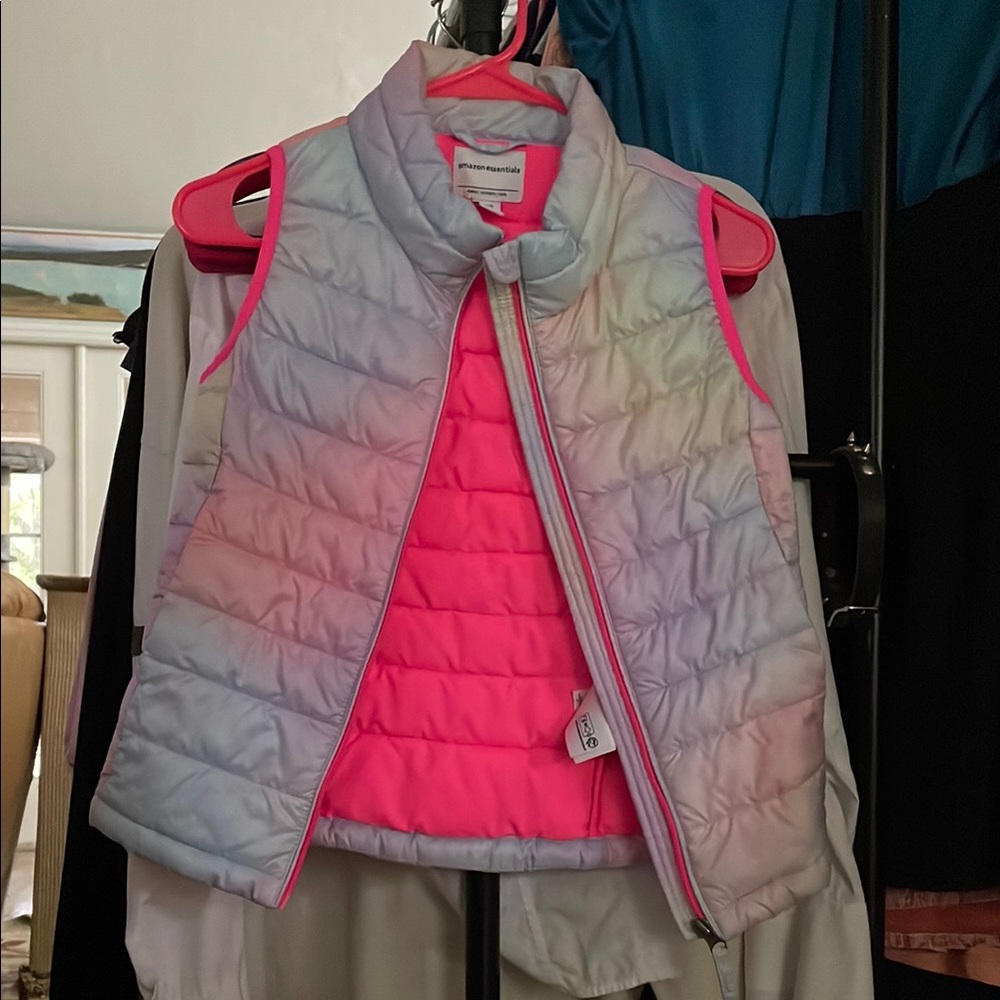 Rainbow Pastel Ombre Puffer Vest with Neon Pink Lining.